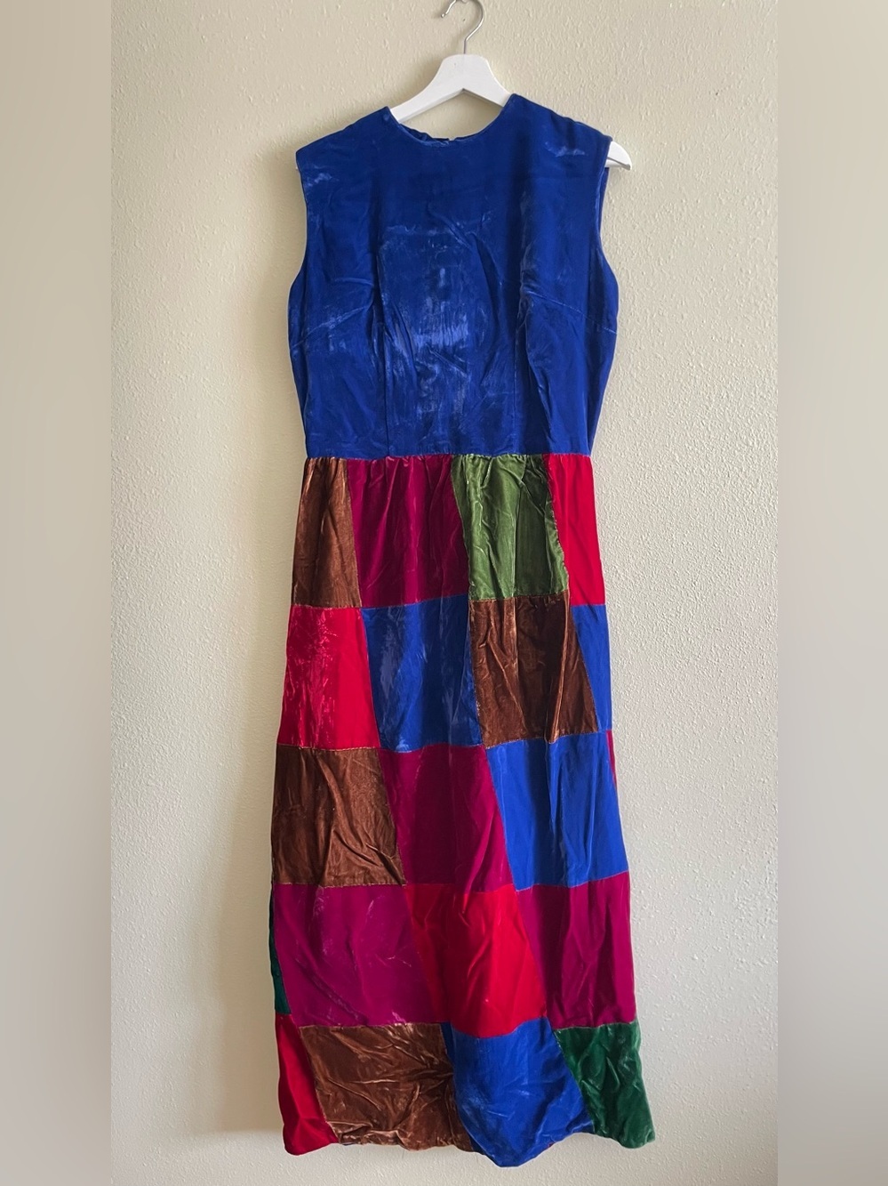 1960sColorblock Velvet Patchwork Maxi Dress - Bold Blue & Multicolor